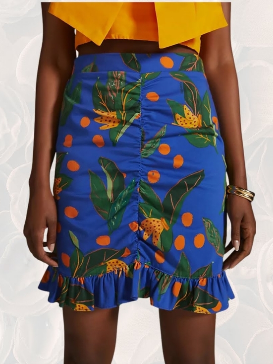FARM Rio Dresses & Skirts - FARM Rio for Anthropologie Citrus Tropical Ruched Mini Skirt Blue Orange M